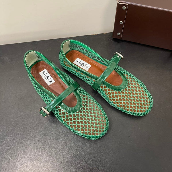 ALAIA BALLET FLATS IN COOL GREEN MESH FISHNET