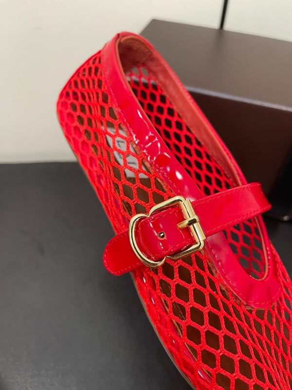 ALAIA BALLET FLATS IN CHERRY RED MESH FISHNET