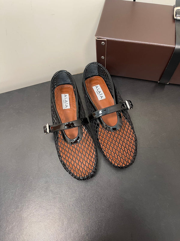 ALAIA BALLET FLATS IN BLACK MESH FISHNET