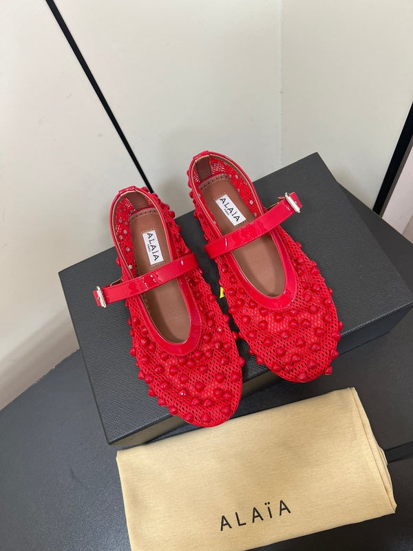 Alaila Ballet Flats With Studs On Fishnet In Red 975749
