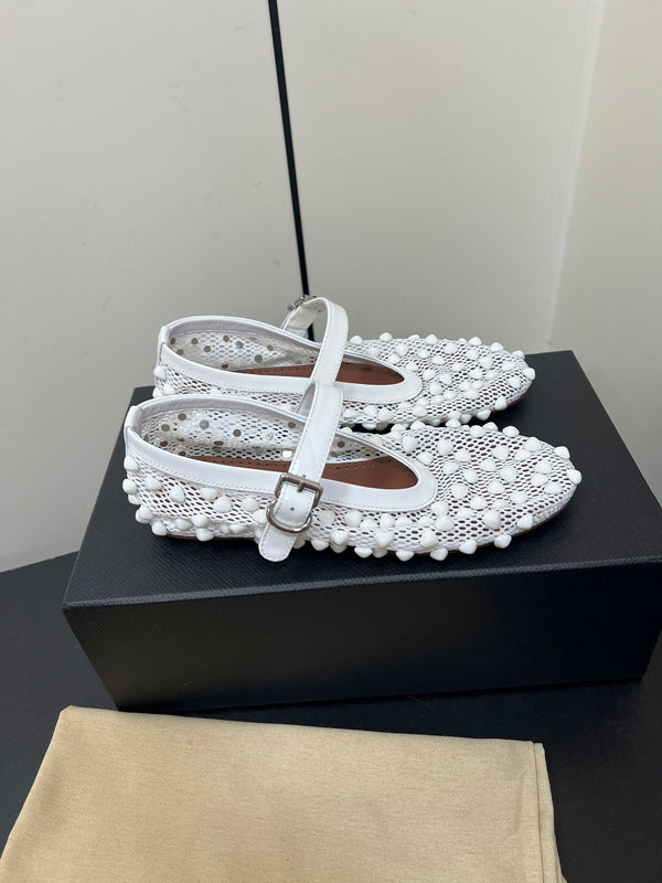 Alaila Ballet Flats With Studs On Fishnet In White 975751