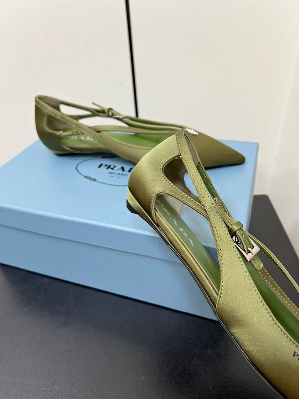 CUT-OUT BALLERINA FLAT IN OLIVE GREEN SATIN ATTACHED BEAD BUCKLE