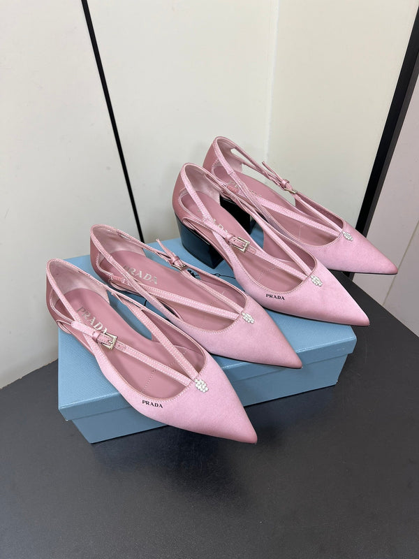 CUT-OUT PUMPS WITH BEAD BUCKLE IN BABY PINK SATIN