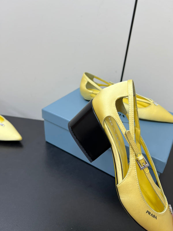 CUT-OUT PUMPS WITH BEAD BUCKLE IN LIGHT YELLOW SATIN