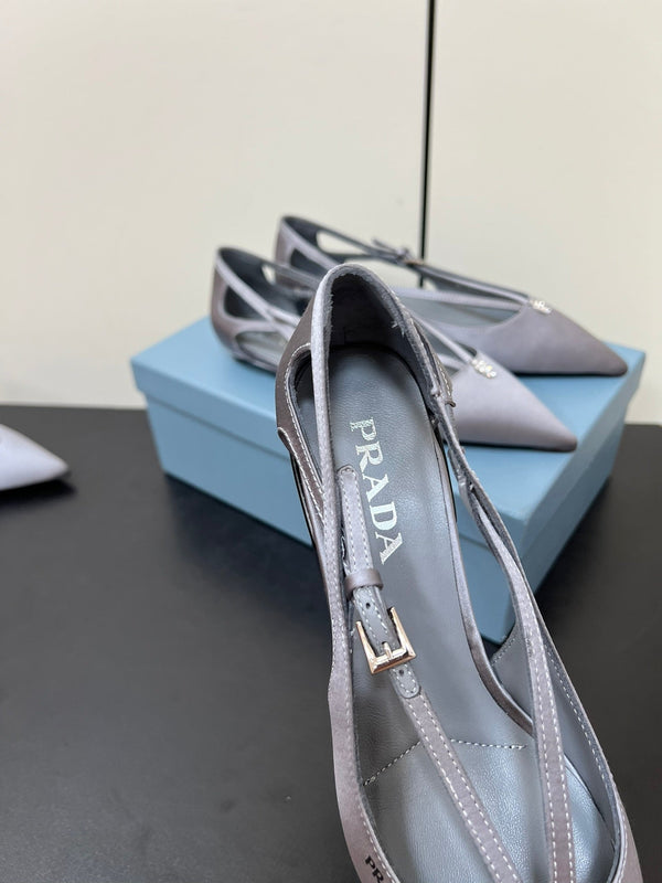 CUT-OUT BALLERINA FLAT IN WARM GRAY SATIN ATTACHED BEAD BUCKLE