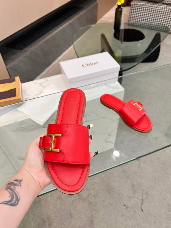 CHLOÉ HLOE MARCIE SLIDE IN CHERRY RED CALFSKIN WITH GOLD HARDWARE