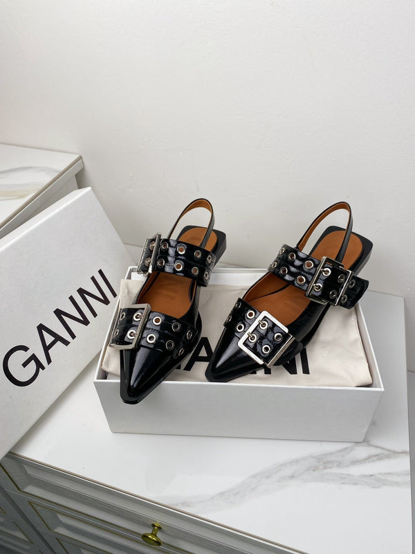 ganni black feminine buckle slingback flat