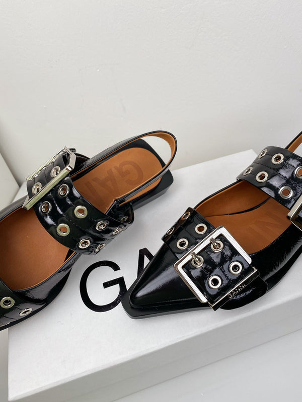 ganni black feminine buckle slingback flat
