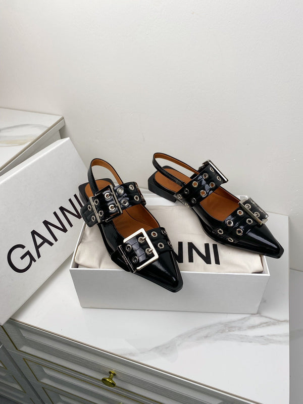 ganni black feminine buckle slingback flat