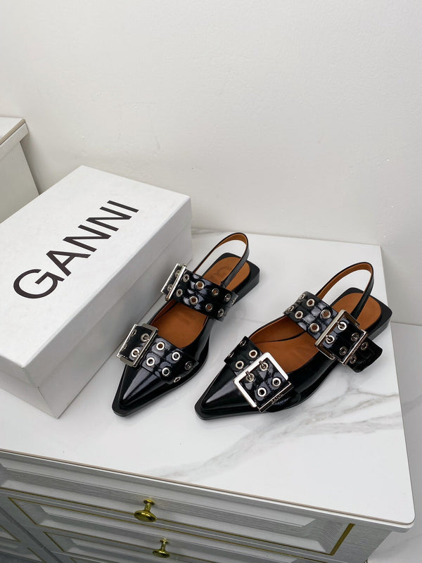 ganni black feminine buckle slingback flat