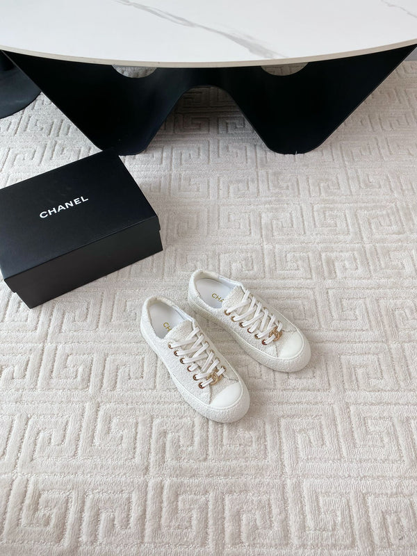 CC Low Sneaker 35mm White Tweed Fabric And Lambskin