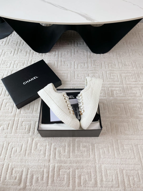 CC Low Sneaker 35mm White Tweed Fabric And Lambskin