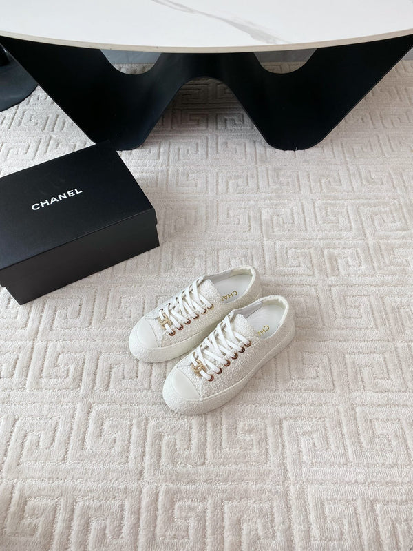 CC Low Sneaker 35mm White Tweed Fabric And Lambskin