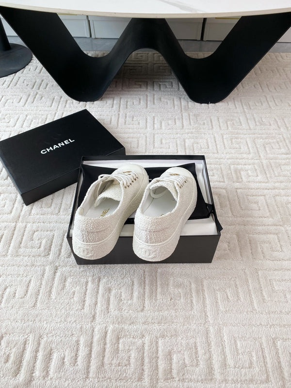 CC Low Sneaker 35mm White Tweed Fabric And Lambskin