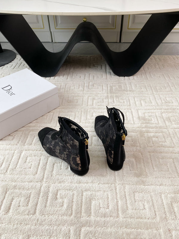 CD Naughtily-D Heeled Ankle Boot Black Transparent Mesh Roses Embroidery And Suede