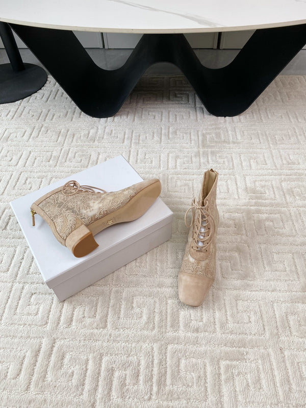 CD Naughtily-D Heeled Ankle Boot Beige Transparent Mesh Roses Embroidery And Suede