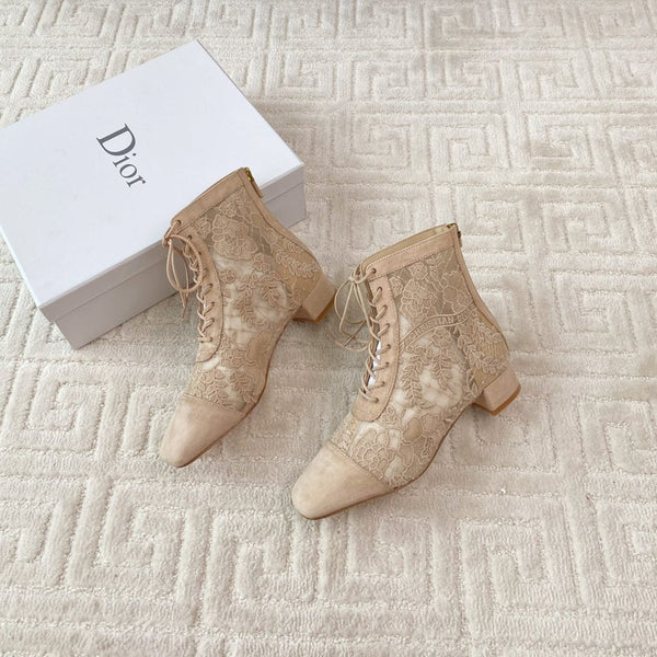 CD Naughtily-D Heeled Ankle Boot Beige Transparent Mesh Roses Embroidery And Suede