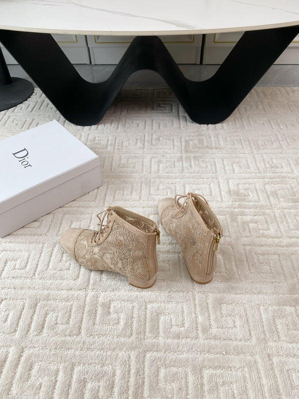 CD Naughtily-D Heeled Ankle Boot Beige Transparent Mesh Roses Embroidery And Suede