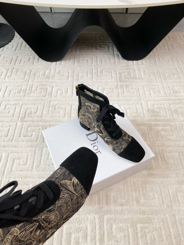 CD Naughtily-D Heeled Ankle Boot Black Transparent Mesh Butterfly And Suede