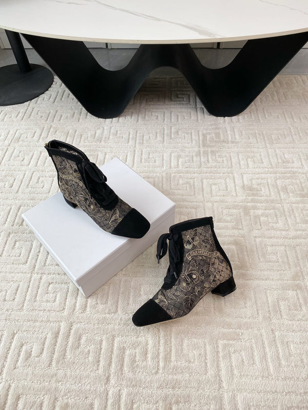 CD Naughtily-D Heeled Ankle Boot Black Transparent Mesh Butterfly And Suede