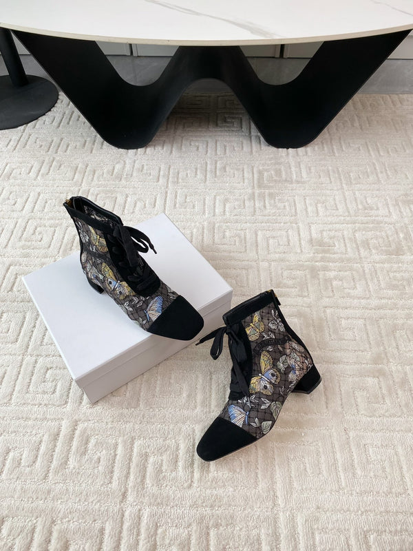 CD Naughtily-D Heeled Ankle Boot Black Mix Yellow Blue Transparent Mesh Butterfly And Suede