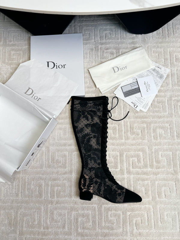 CD Naughtily-D Heeled High Boots Black Transparent Mesh Roses Embroidery And Suede