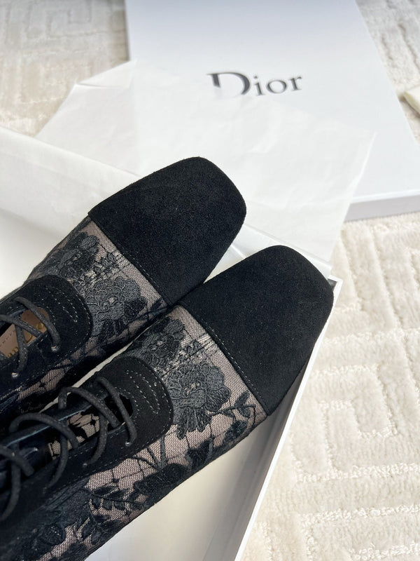 CD Naughtily-D Heeled High Boots Black Transparent Mesh Roses Embroidery And Suede