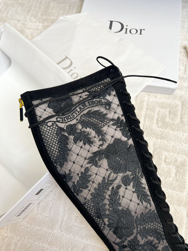 CD Naughtily-D Heeled High Boots Black Transparent Mesh Roses Embroidery And Suede