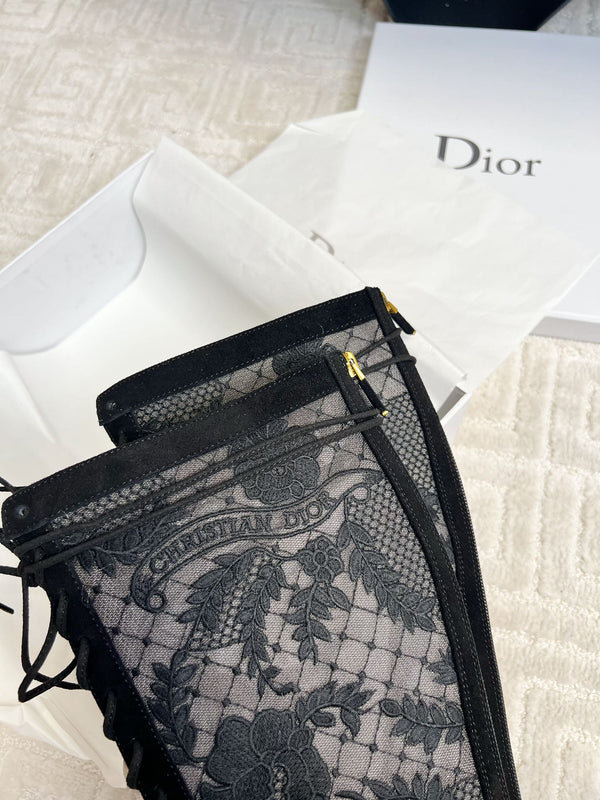 CD Naughtily-D Heeled High Boots Black Transparent Mesh Roses Embroidery And Suede