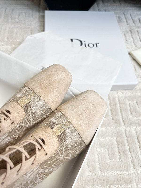 CD Naughtily-D Heeled High Boots Beige Transparent Mesh Roses Embroidery And Suede