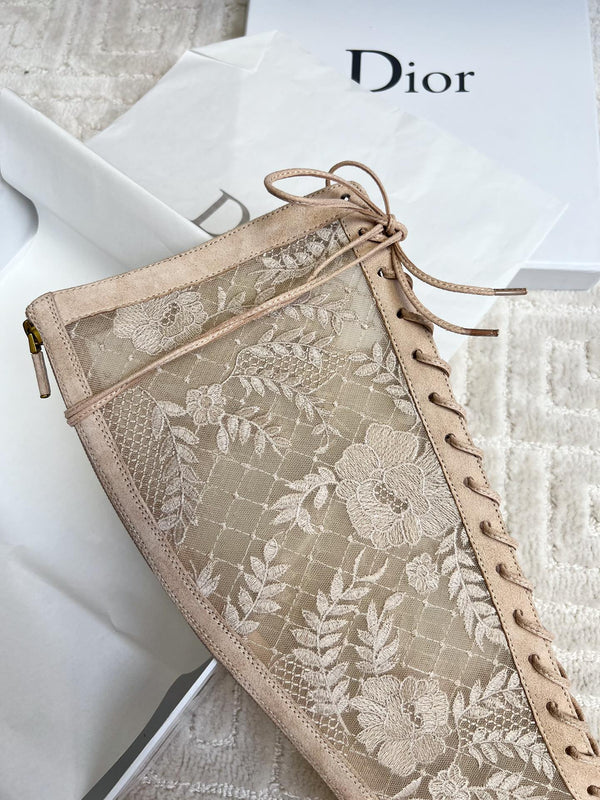 CD Naughtily-D Heeled High Boots Beige Transparent Mesh Roses Embroidery And Suede