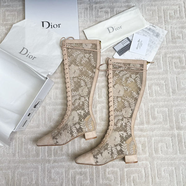 CD Naughtily-D Heeled High Boots Beige Transparent Mesh Roses Embroidery And Suede