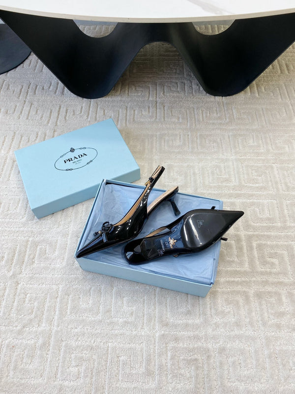 SLINGBACK PUMPS ATTACHED BOW IN BLACK GLOSSY CALFSKIN