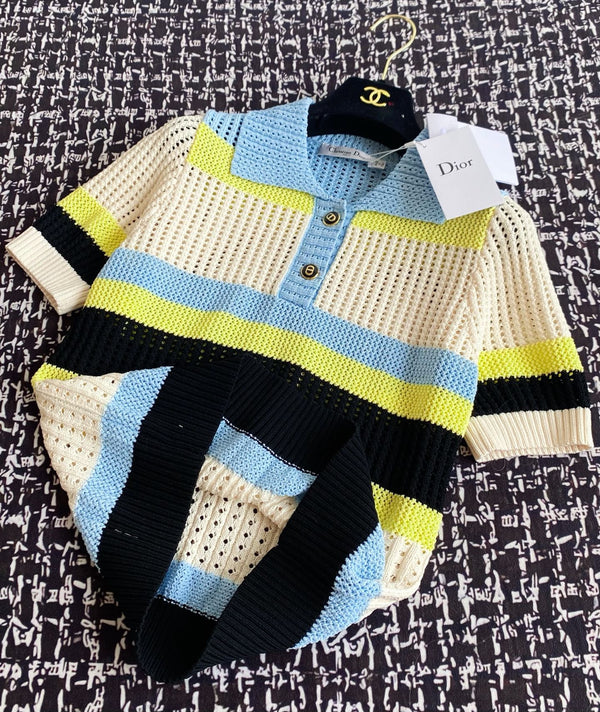 CD 25 Embroidered Short Sleeves Beige Blue Wool