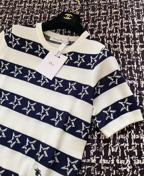 CD 2025 Striped Short-sleeved T-shirt Navy Blue White tencel 606658