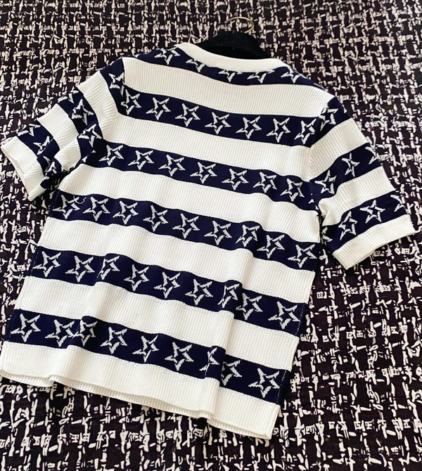 CD 2025 Striped Short-sleeved T-shirt Navy Blue White tencel 606658