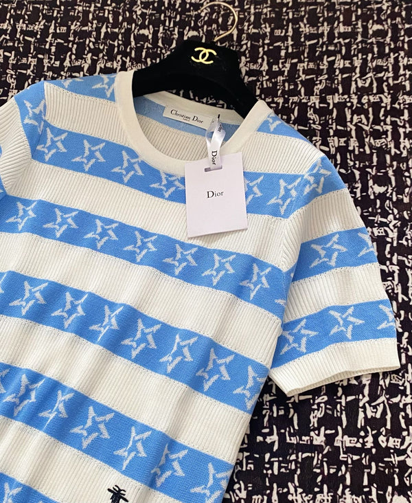 CD 2025 Striped Short-sleeved T-shirt Blue White tencel 606659