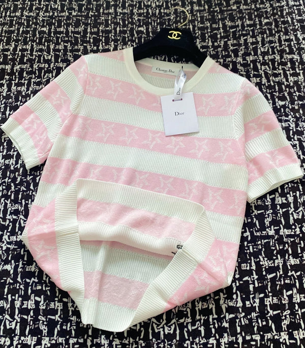 CD 2025 Striped Short-sleeved T-shirt Pink White tencel 606660