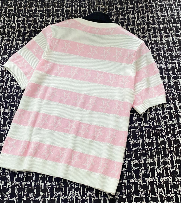 CD 2025 Striped Short-sleeved T-shirt Pink White tencel 606660