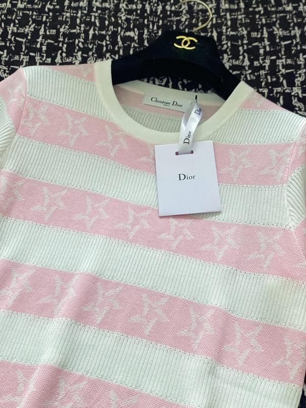 CD 2025 Striped Short-sleeved T-shirt Pink White tencel 606660