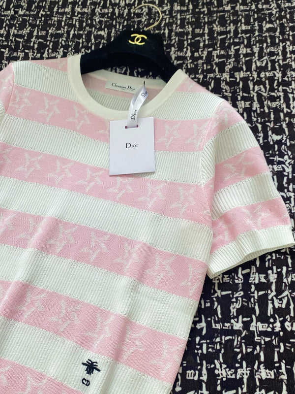 CD 2025 Striped Short-sleeved T-shirt Pink White tencel 606660