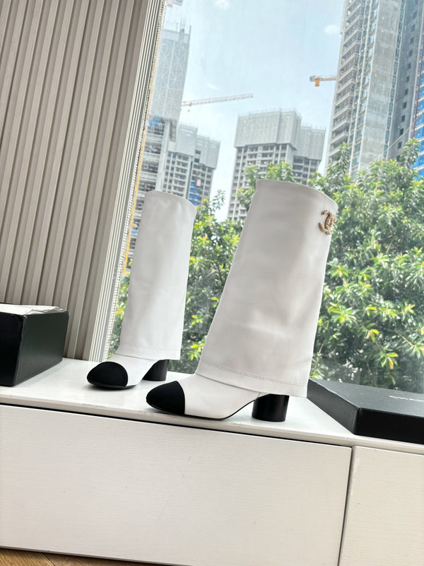 CC 25 High Boot White Calfskin Black Grosgrain 430336