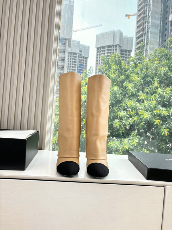 CC 25 High Boot Beige Calfskin Black Grosgrain 430337