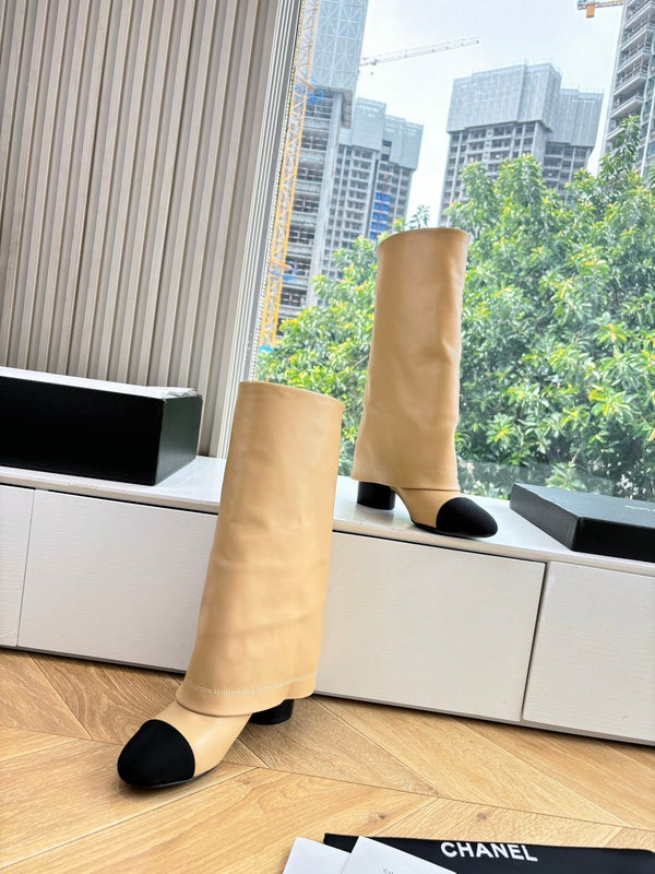 CC 25 High Boot Beige Calfskin Black Grosgrain 430337