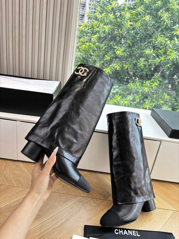 CC 25 High Boot Black Aged Calfskin Grosgrain 430338