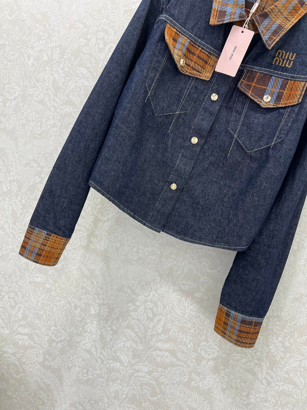 Miu Miu 25 Classic Plaid Pocket Denim Short Jacket