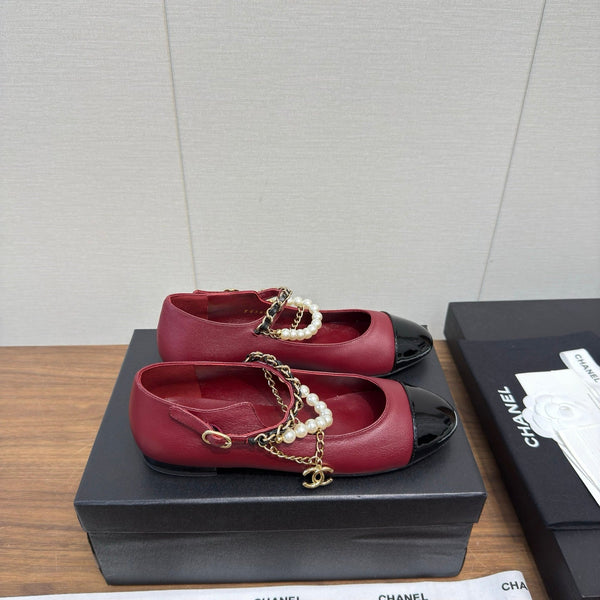 Chanel 25 Mary Jane Ankle Chain Ballet Flat Burgundy black Cowhide 465596