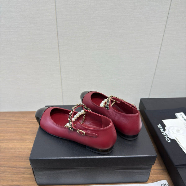 Chanel 25 Mary Jane Ankle Chain Ballet Flat Burgundy black Cowhide 465596