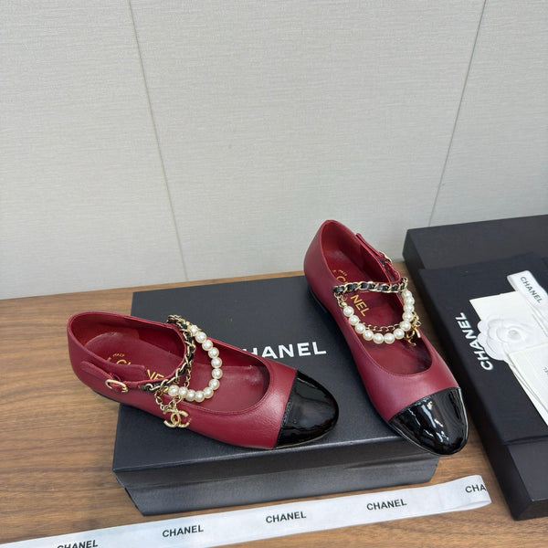 Chanel 25 Mary Jane Ankle Chain Ballet Flat Burgundy black Cowhide 465596