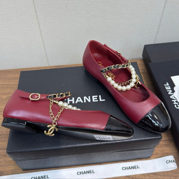 Chanel 25 Mary Jane Ankle Chain Ballet Flat Burgundy black Cowhide 465596